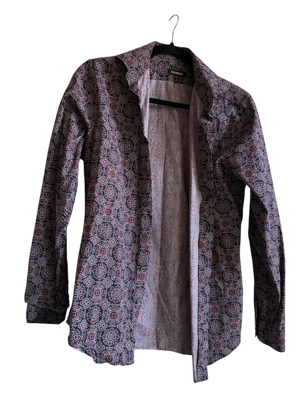 Express Men's Navy and BurgandyPatterned Dress Shirt, Size S